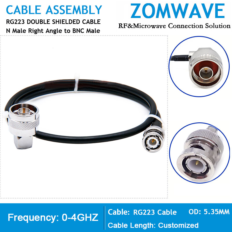 N Type Male Right Angle to BNC Male, RG223 Cable, 4GHz