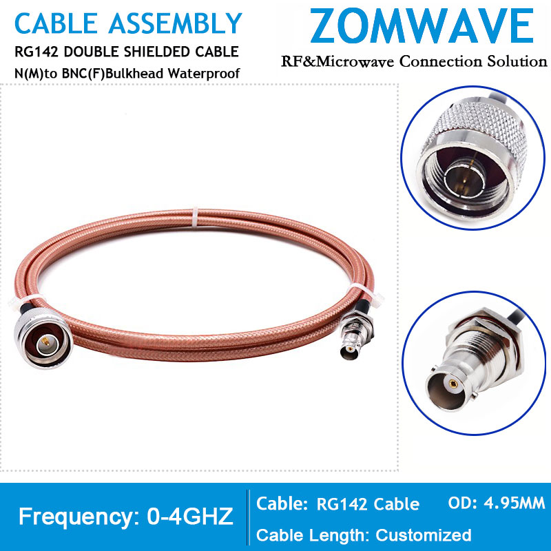 N Type Male to BNC Female Bulkhead Waterproof, RG142 Cable, 4GHz