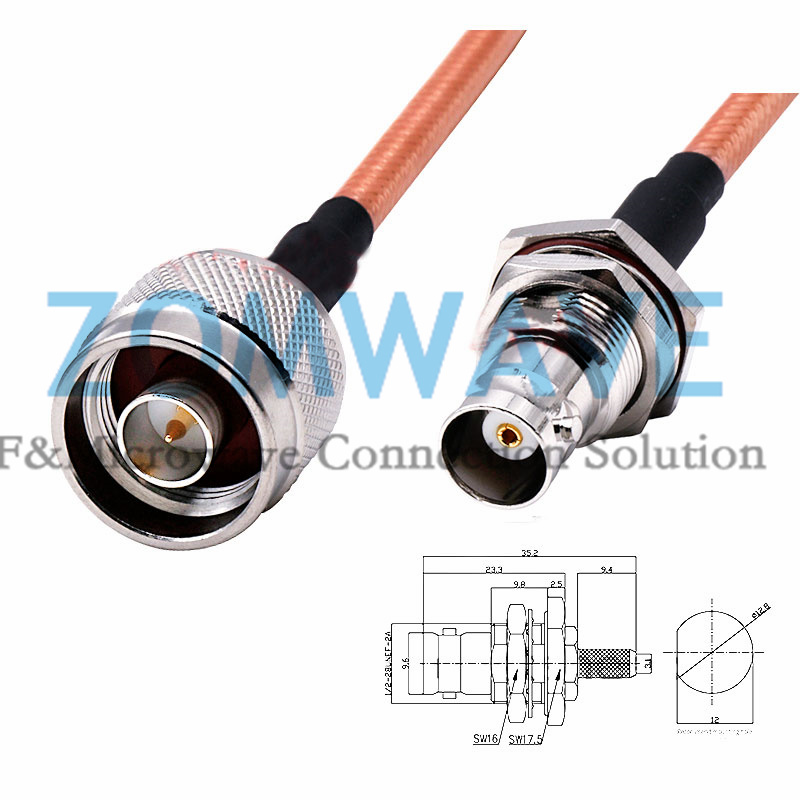 N Type Male to BNC Female Bulkhead Waterproof, RG142 Cable, 4GHz