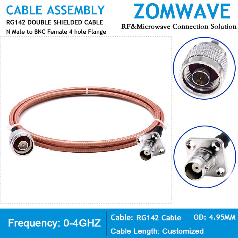 N Type Male to BNC Female 4 hole Flange, RG142 Cable, 4GHz