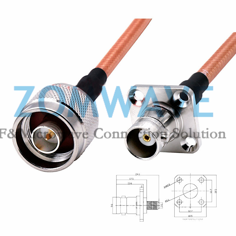 N Type Male to BNC Female 4 hole Flange, RG142 Cable, 4GHz