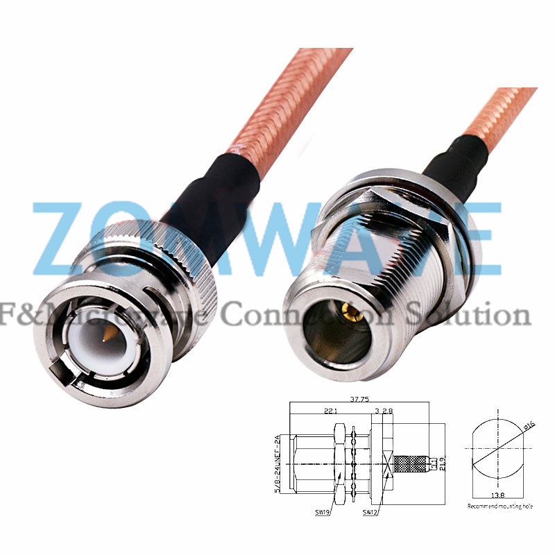 N Type Female Bulkhead Waterproof to BNC Male, RG142 Cable, 4GHz