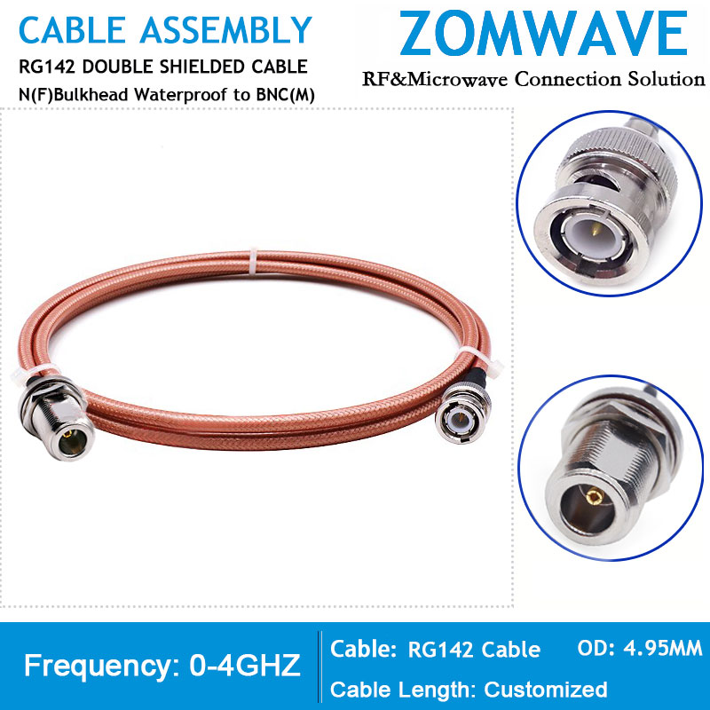 N Type Female Bulkhead Waterproof to BNC Male, RG142 Cable, 4GHz