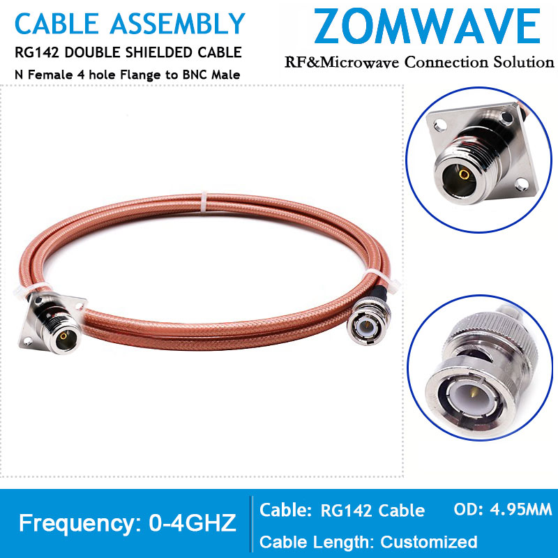 N Type Female 4 hole Flange to BNC Male, RG142 Cable, 4GHz