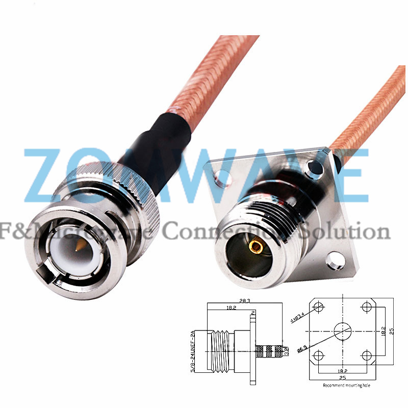 N Type Female 4 hole Flange to BNC Male, RG142 Cable, 4GHz
