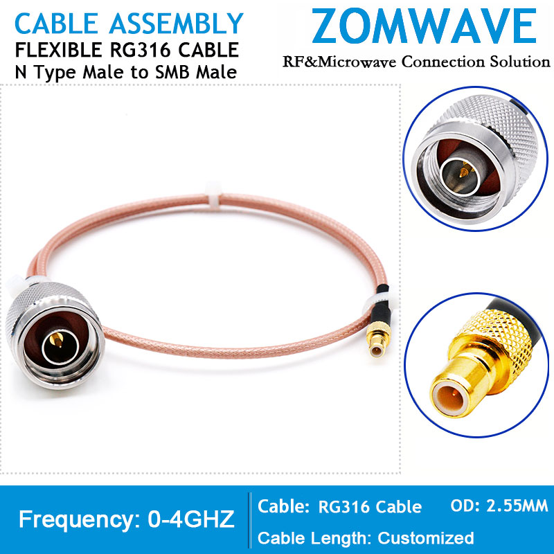 N Type Male to SMB Male, RG316 Cable, 4GHz
