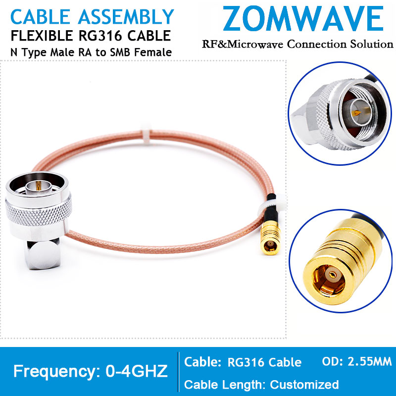 N Type Male Right Angle to SMB Female, RG316 Cable, 4GHz