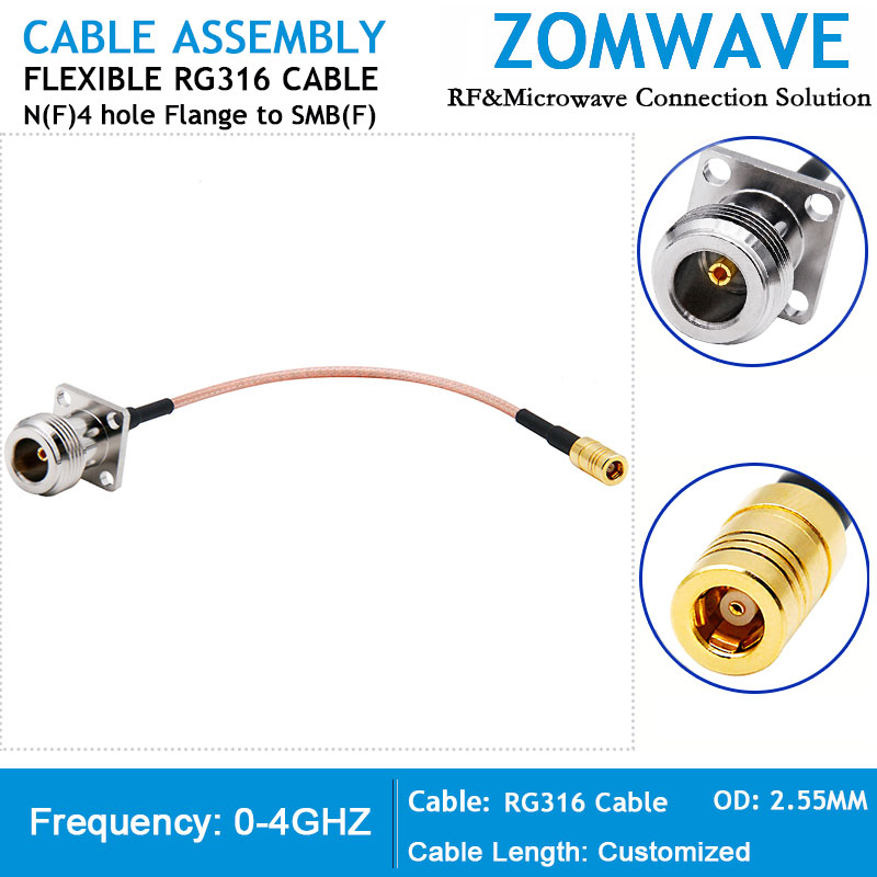 N Type Female 4 hole Flange to SMB Female, RG316 Cable, 4GHz