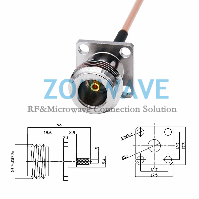 N Type Female 4 hole Flange to SMB Male, RG316 Cable, 4GHz