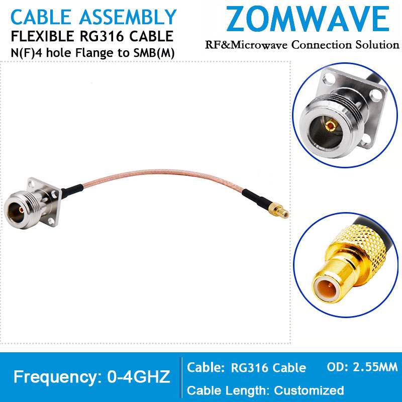 N Type Female 4 hole Flange to SMB Male, RG316 Cable, 4GHz