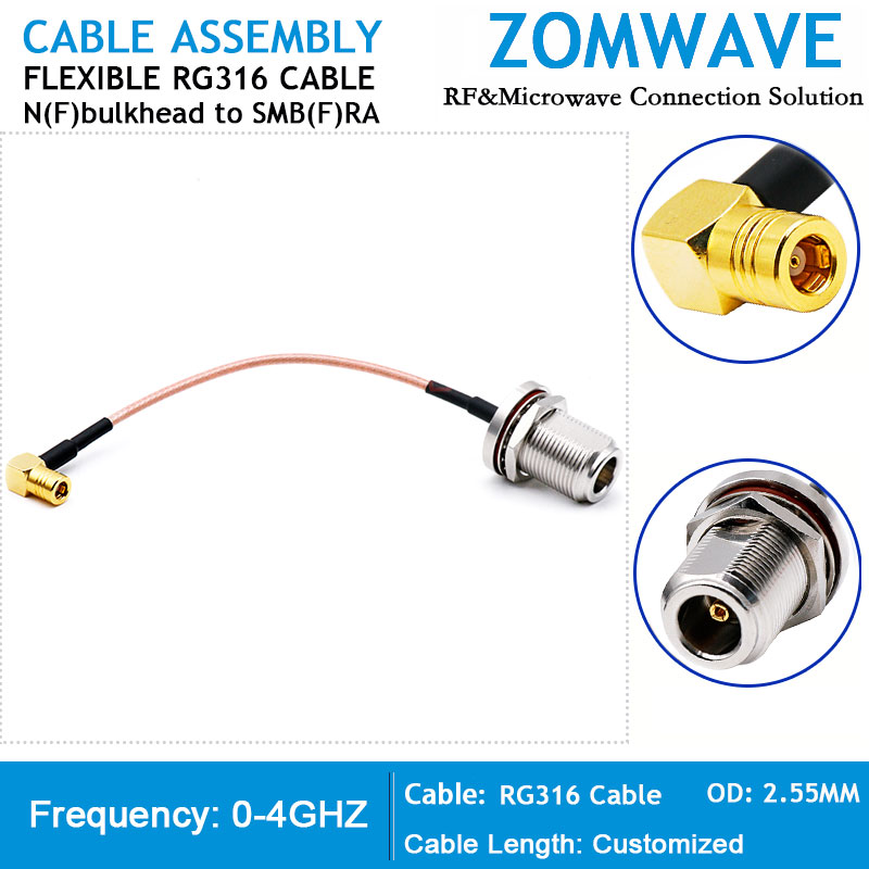 N Type Female bulkhead to SMB Female Right Angle, RG316 Cable, 4GHz