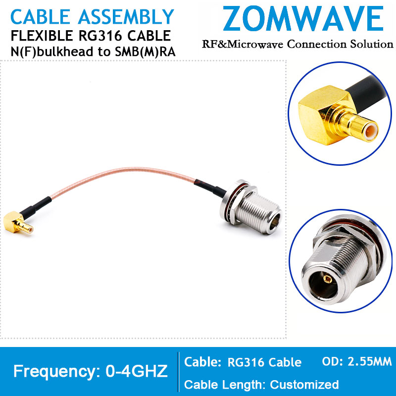 N Type Female bulkhead to SMB Male Right Angle, RG316 Cable, 4GHz