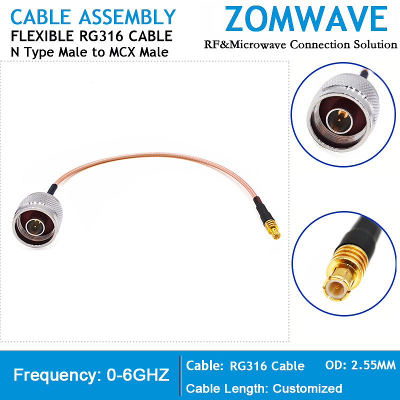 N Type Male to MCX Male, RG316 Cable, 6GHz