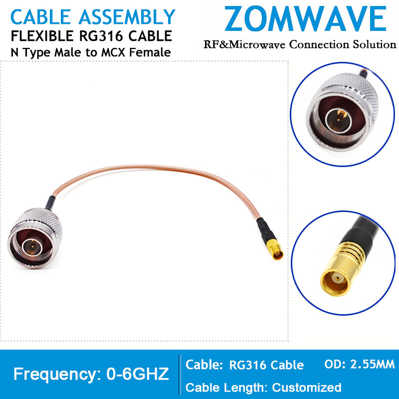 N Type Male to MCX Female, RG316 Cable, 6GHz