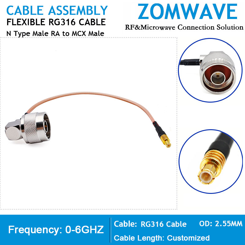 N Type Male Right Angle to MCX Male, RG316 Cable, 6GHz