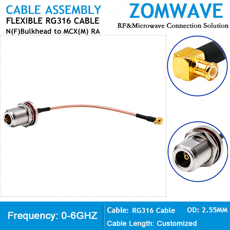 N Type Female Bulkhead to MCX Male Right Angle, RG316 Cable, 6GHz