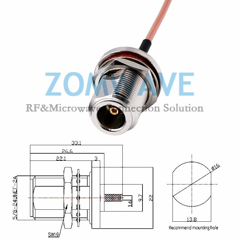 N Type Female Bulkhead to MCX Male Right Angle, RG316 Cable, 6GHz