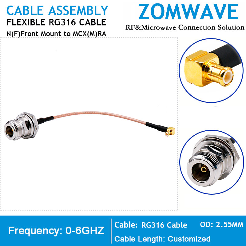 N Type Female Front Mount to MCX Male Right Angle, RG316 Cable, 6GHz