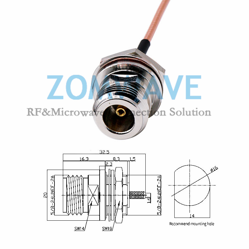 N Type Female Front Mount to MMCX Male Right Angle, RG316 Cable, 6GHz