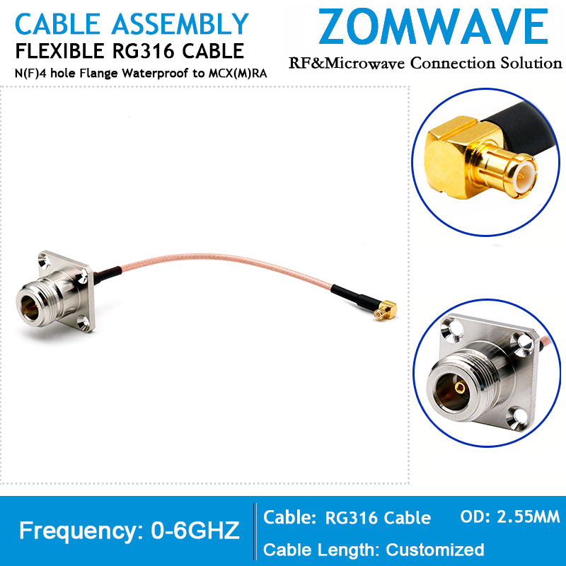 N Type Female 4 hole Flange Waterproof to MCX Male Right Angle, RG316 Cable, 6G