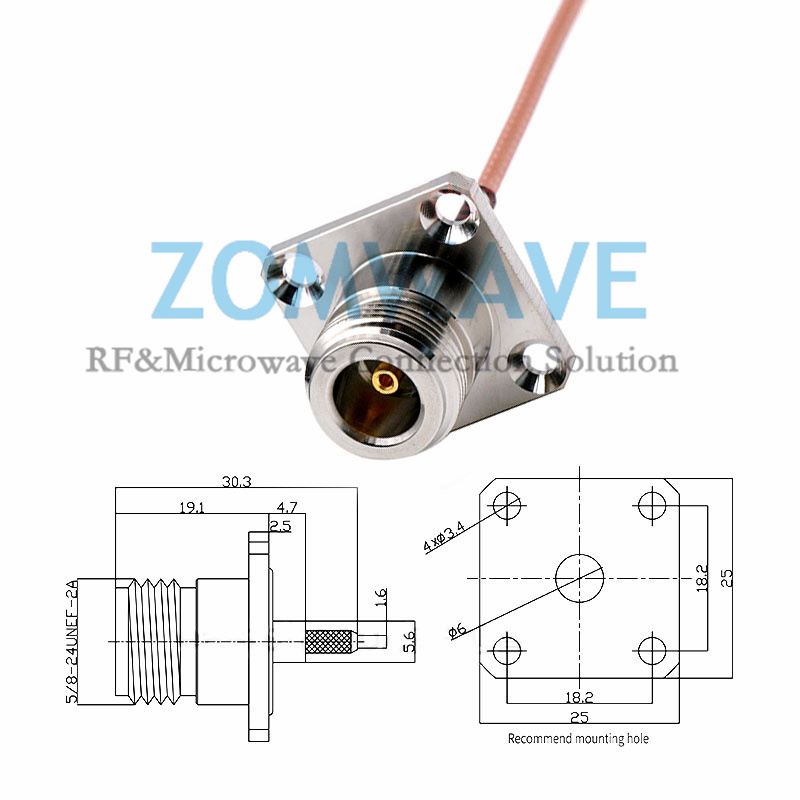 N Type Female 4 hole Flange Waterproof to MCX Male Right Angle, RG316 Cable, 6G