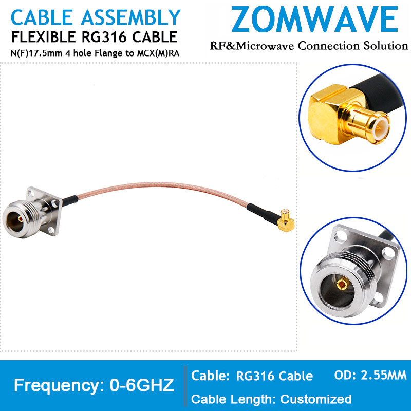 N Type Female 17.5mm 4 hole Flange to MCX Male Right Angle, RG316 Cable, 6GHz