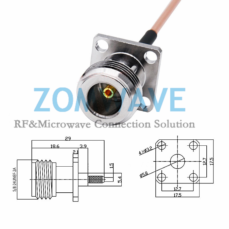 N Type Female 17.5mm 4 hole Flange to MCX Male Right Angle, RG316 Cable, 6GHz