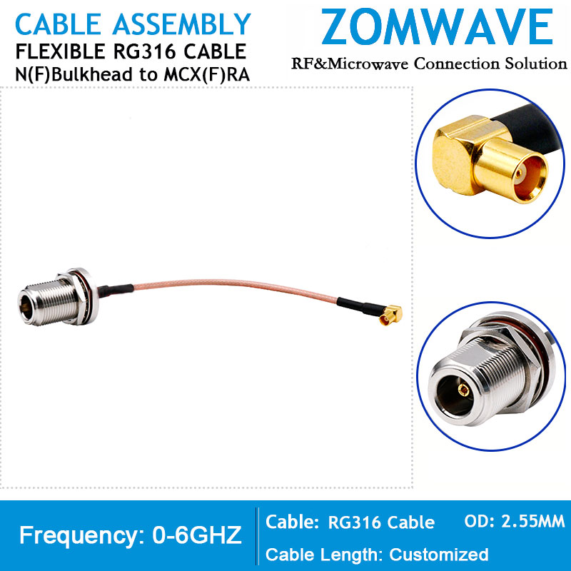 N Type Female Bulkhead to MCX Female Right Angle, RG316 Cable, 6GHz