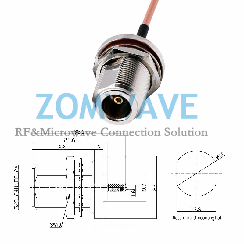 N Type Female Bulkhead to MCX Female Right Angle, RG316 Cable, 6GHz