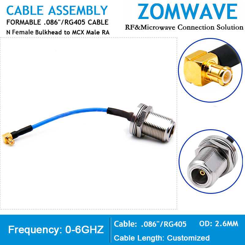 N Type Female Bulkhead to MCX Male Right Angle, Formable .086 _RG405 Cable, 6GH