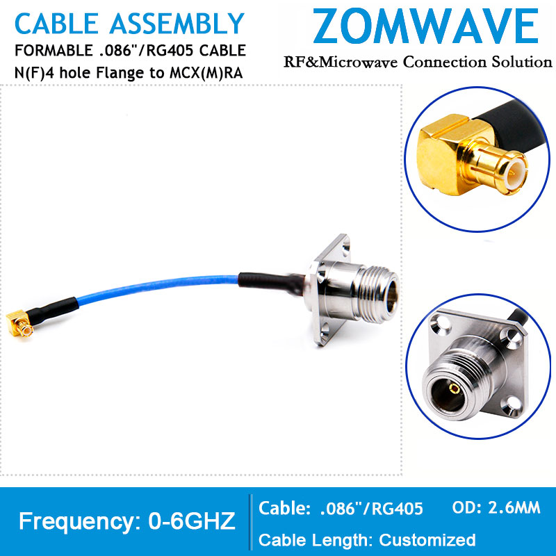 N Female 4 hole Flange to MCX Male Right Angle, Formable .086''_RG405 Cable,6GHZ