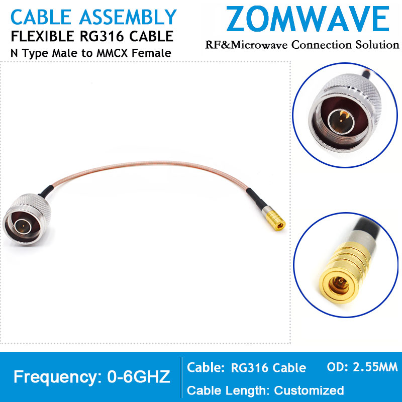 N Type Male to MMCX Female, RG316 Cable, 6GHz