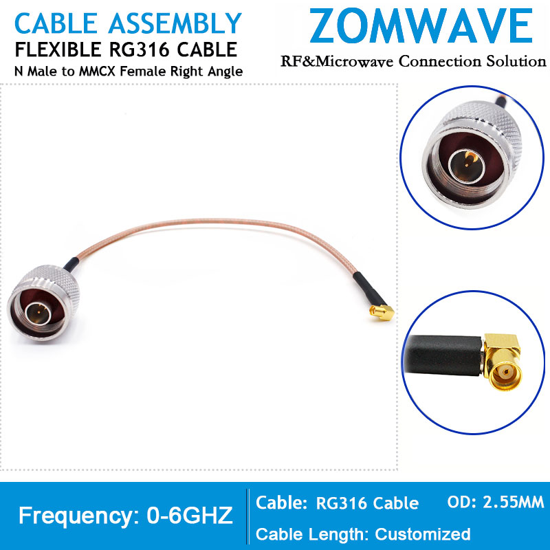 N Type Male to MMCX Female Right Angle, RG316 Cable, 6GHz