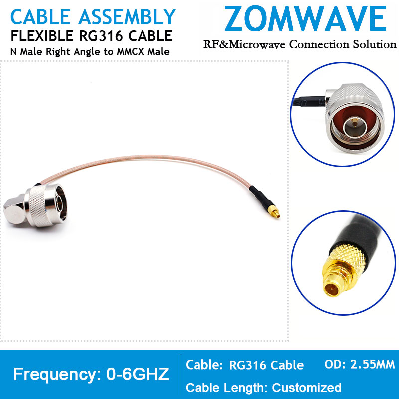 N Type Male Right Angle to MMCX Male, RG316 Cable, 6GHz