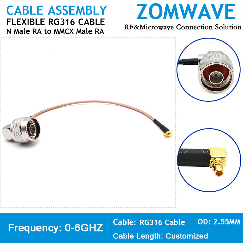 N Type Male Right Angle to MMCX Male Right Angle, RG316 Cable, 6GHz