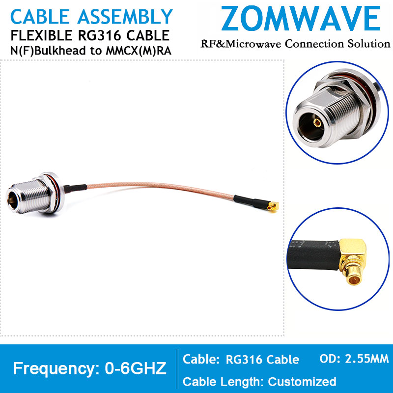 N Type Female Bulkhead to MMCX Male Right Angle, RG316 Cable, 6GHz