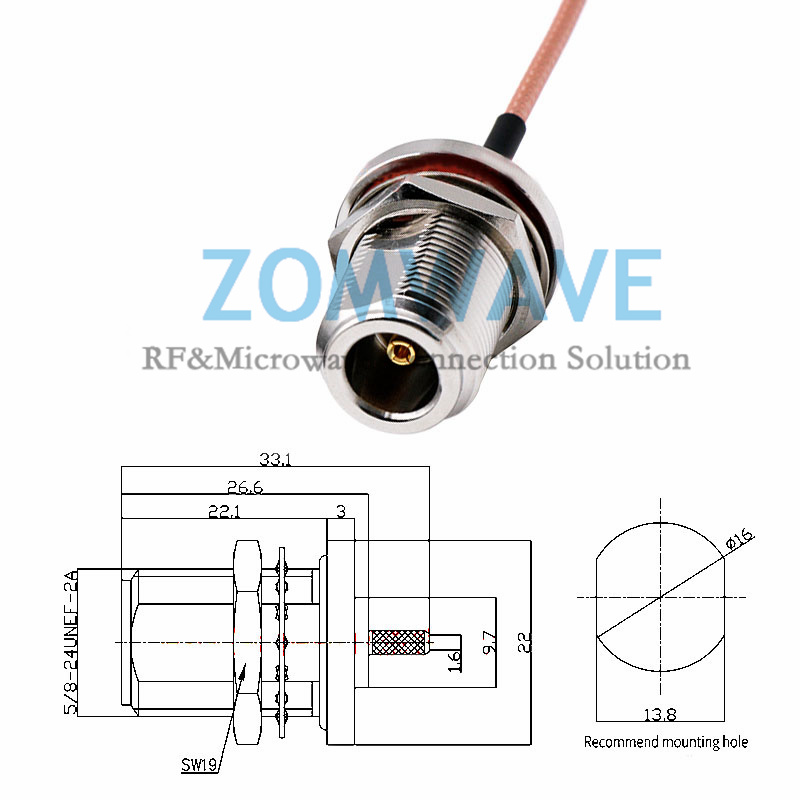 N Type Female Bulkhead to MMCX Male Right Angle, RG316 Cable, 6GHz