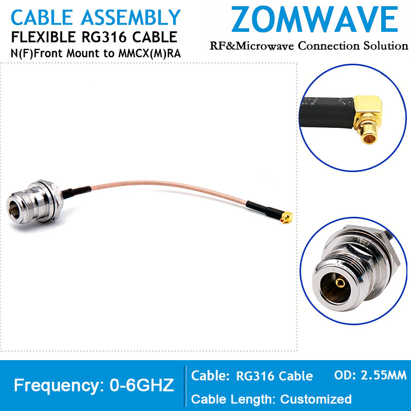 N Type Female Front Mount to MMCX Male Right Angle, RG316 Cable, 6GHz