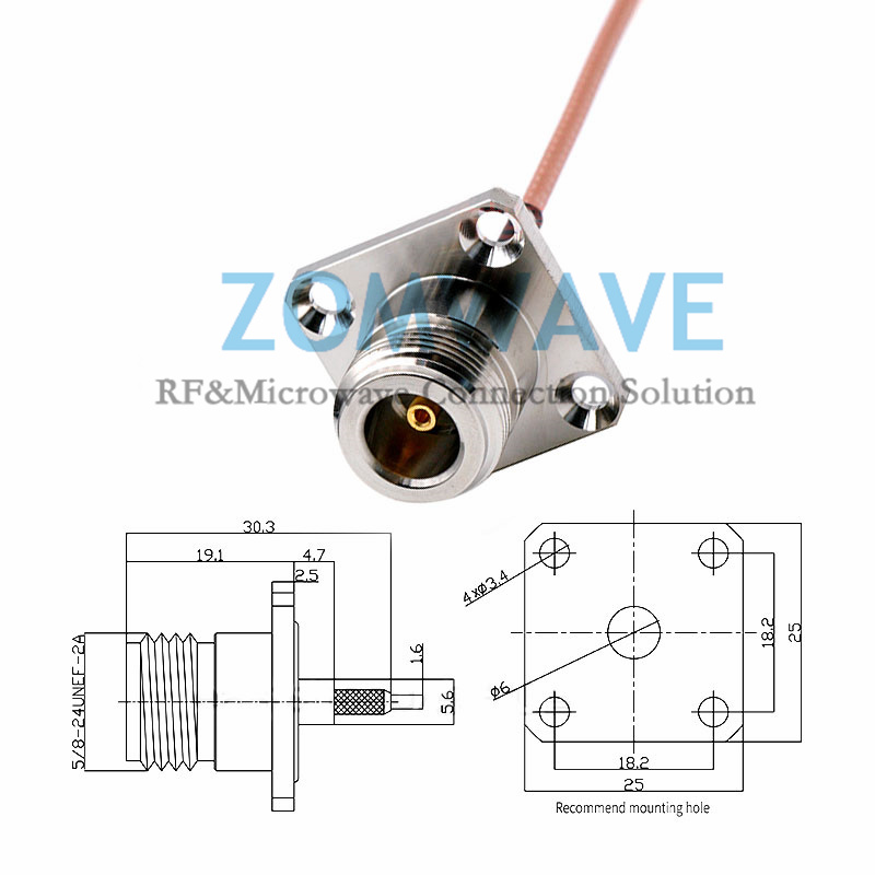 N Type Female 4 hole Flange Waterproof to MMCX Male Right Angle, RG316 Cable, 6G