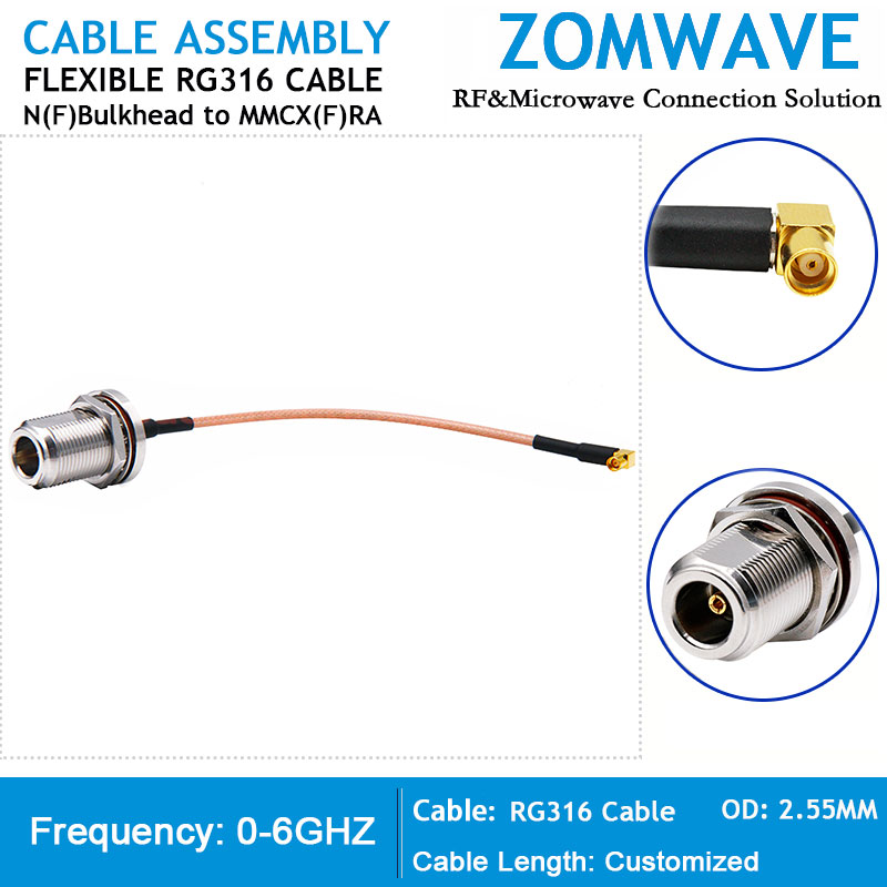 N Type Female Bulkhead to MMCX Female Right Angle, RG316 Cable, 6GHZ