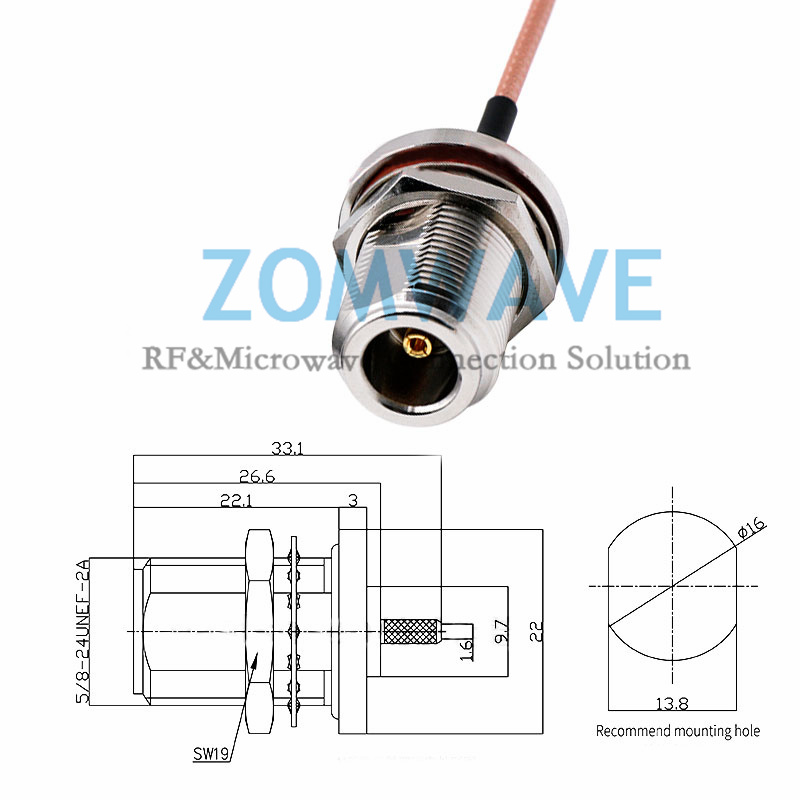 N Type Female Bulkhead to MMCX Female Right Angle, RG316 Cable, 6GHZ