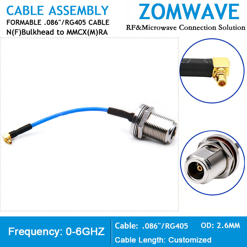 N Type Female Bulkhead to MMCX Male Right Angle, Formable .086''_RG405 Cable, 6G