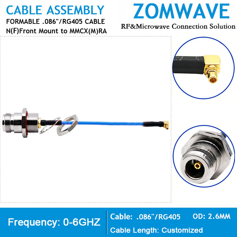 N Type Female Front Mount to MMCX Male Right Angle, Formable .086''_RG405,6GHZ