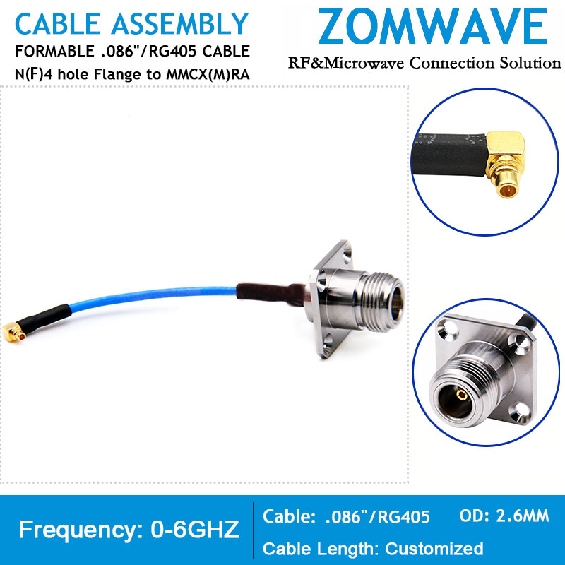 N Type Female 4 hole Flange to MMCX Male Right Angle, Formable .086''_RG405,6GHZ