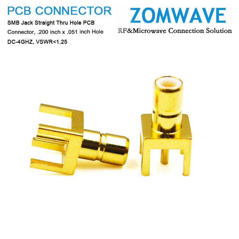 SMB Jack Straight Thru Hole PCB Connector, .200 inch x .051 inch Hole, 4GHz