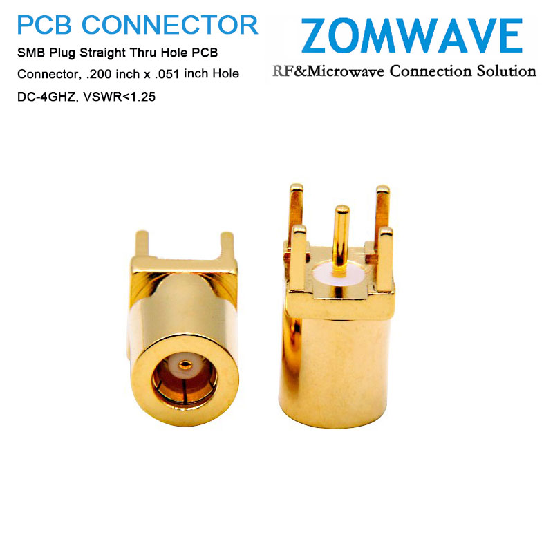 SMB Plug Straight Thru Hole PCB Connector, .200 inch x .051 inch Hole, 4GHz