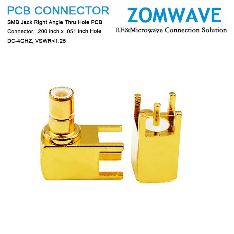 SMB Jack Right Angle Thru Hole PCB Connector, .200 inch x .051 inch Hole, 4GHz