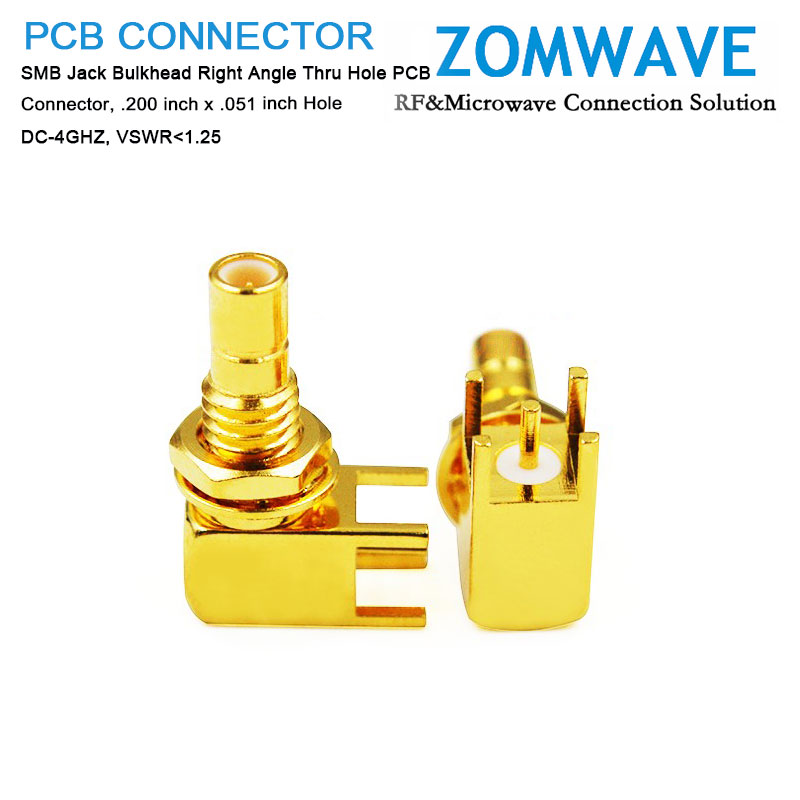 SMB Jack Bulkhead RA Thru Hole PCB Connector, .200 inch x .051 inch Hole,4GHZ