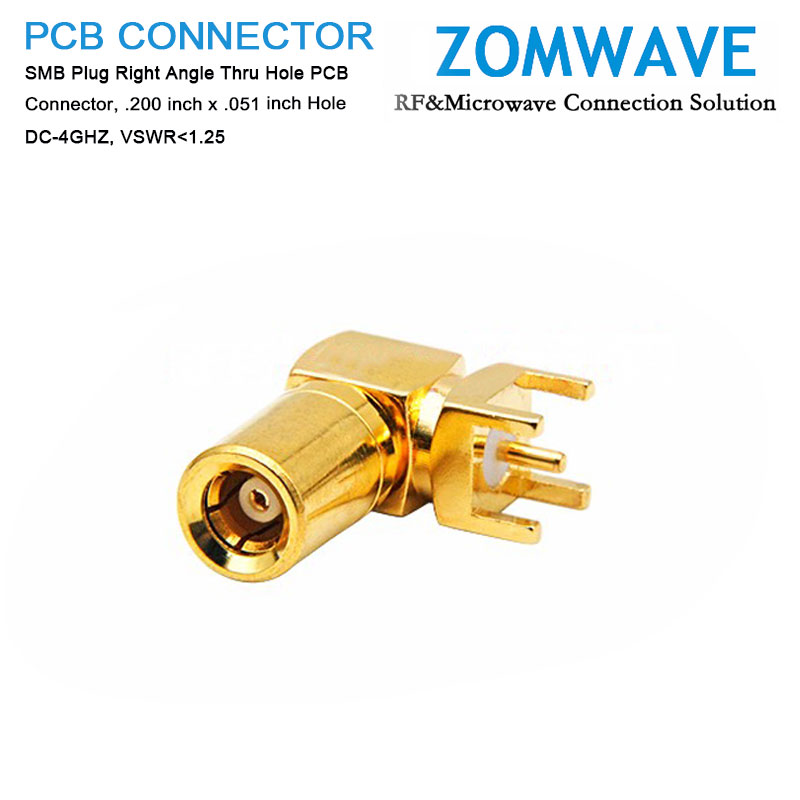 SMB Plug Right Angle Thru Hole PCB Connector, .200 inch x .051 inch Hole, 4GHz