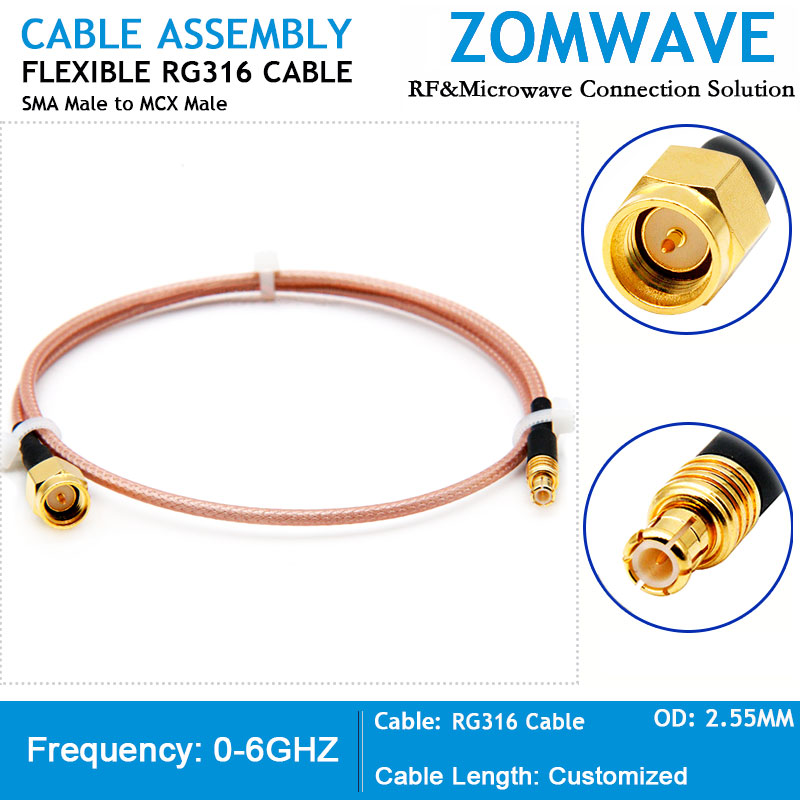 SMA Male to MCX Male, RG316 Cable, 6GHz